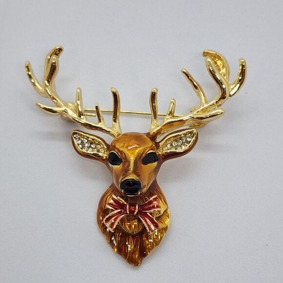 Reindeer Christmas Brooch Magnificent Stag with Bowtie Shiny Enamel Nice One - Picture 3 of 4